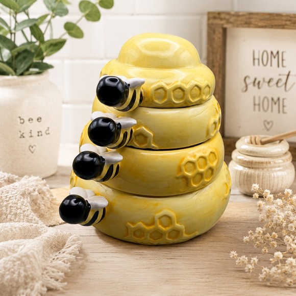 Other - Ceramic Beehive Stacking Measuring Cups Set Yellow Honeycomb Bumblebee 4 Piece